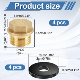 Blanking Plugs, 3/4 Inch, Pack of 4 Male Thread Sealing Plugs, Brass Plugs with Rubber Ring for Pipe Connection Bathroom, Heating and Drinking Water Systems, Suitable for Water Systems