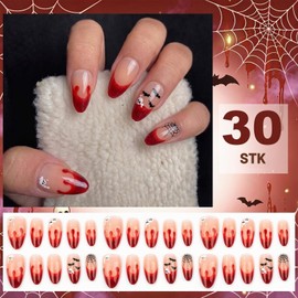 Pack of 30 Halloween Nails - Almond Shaped French Nails for Sticking