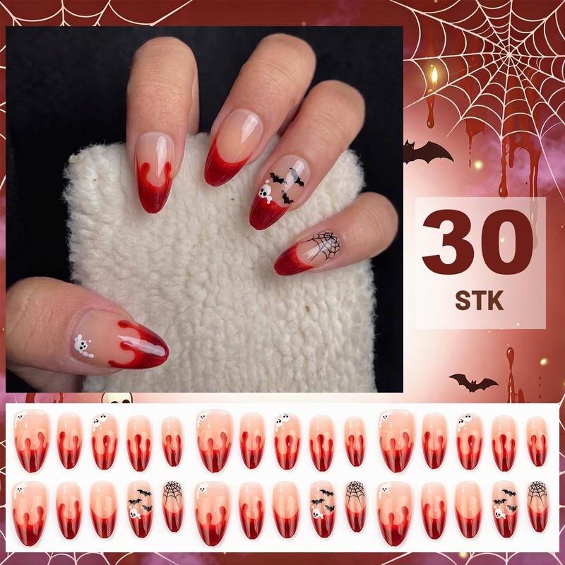 Pack of 30 Halloween Nails - Almond Shaped French Nails