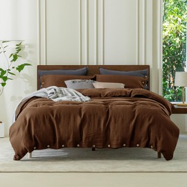 EVERLY 100% Pure Linen Duvet Cover Set Queen Size 90X90Inch 3pcs (1 Duvet Cover,2 Pillowcases) Soft and Breathable for All Season with Coconut Button Closure, Suitable for Hot Sleepers-Chocolate