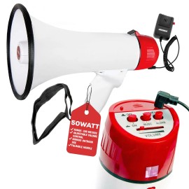 Portable 50W Megaphone Bull Horn PA Speaker With USB Recording Rechargeable Battery Built In Lithium Power Handlebar Mountsize: Size (M) +Recording +USB