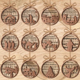 Quzzil 24 Sets Christmas Nativity Scene Ornaments Gifts Bulk Nativity Scene Story Music Sheet Songs 3D Xmas Wooden Hanging Ornaments Acrylic Christian Religious Gifts Christmas Tree Decor