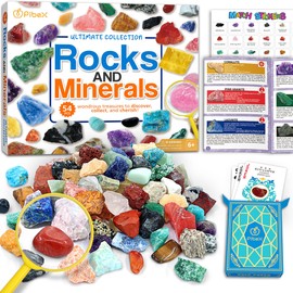 Rock Collection for Kids, 54 PCS Genuine Gemstones, Minerals & Crystals Kit with Learning Guide, Gems Educational Set Geology Science STEM Toy, Earth Exploration Activity, Gift for Boys & Girls age 6+
