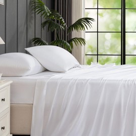 White 100% Viscose Derived from Bamboo Sheet Set Full Size, 4 Pieces Cooling Silky Bed Sheets for Hot Sleeper, Luxury Soft Deep Pocket Fitted Bedsheets