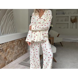 JATEFT Women's Cotton Pajama Set with Cute Heart Print, Cozy Long Sleeve and Long Pants, 2-Piece Sleepwear Kit (Large) Red