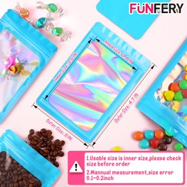 Funfery 100 Pack Resealable Bags Clear Holographic Bags,Smell Proof Packaging Baggies,Mylar Food Storage Bag,Zipper Sealing Bag for Coffee Beans,Cookies,Jewelry Sample Small Business(Blue,3x4.7in)