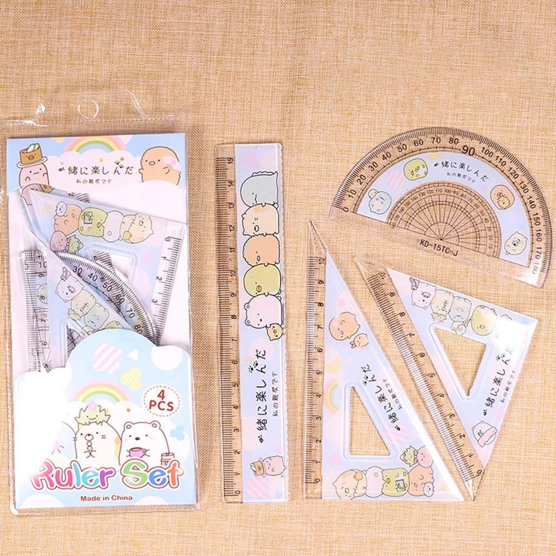 UNTERING 4pcs/Set Kawaii Cartoon Straight Triangle Ruler Protractor Drafting Drawing