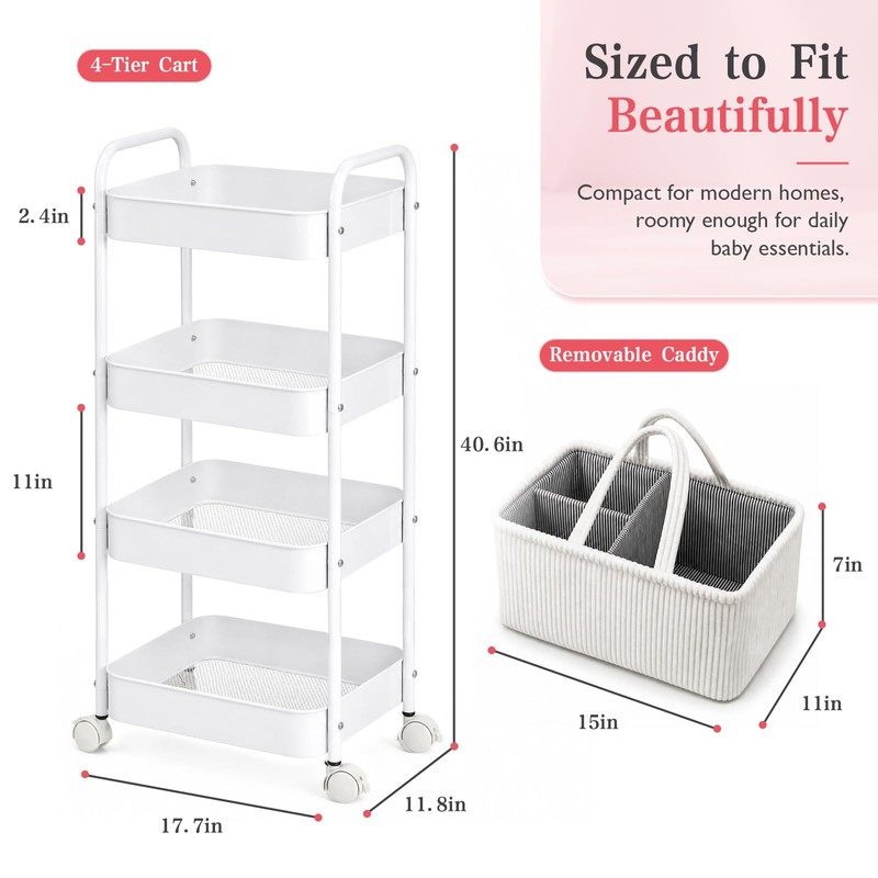 Baby Diaper Caddy 4 Tier Rolling Storage Cart with Wheels