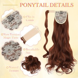Ponytail Extension, 18" Long Wavy Ponytails Clip in Wrap Around Hair Extension Pony Tails Natural Looking Synthetic Hairpiece for Women Light Brown mix Light Auburn