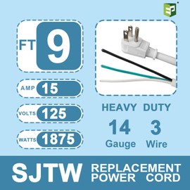 EP 2 Pack 6 Ft Flat Plug Appliance and Power Tool Cord, 14 Gauge 3 Prong 15A Replacement Power Supply Cord Cable, 110V 115V 120V AC Pigtail, White