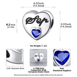 YOUFENG Jewellery Birthstone Charms for Charms Bracelet Love Heart Jan-Dec Birthday Crystal Charm (September)