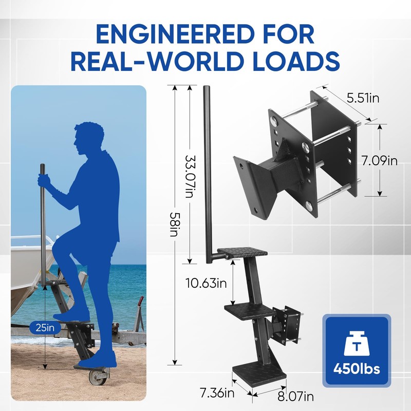 Boat Trailer Steps with Handle 3 Steps Heavy Duty Side