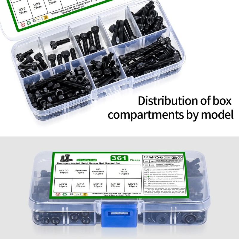 361 Pcs Hex Bolts, M3 Cylinder Screws Hex Socket Screws
