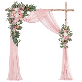 FEILUOYI Wedding Arch with Pink Chiffon Draping, Artificial Rose and Eucalyptus Floral Decor, Dusty Rose
