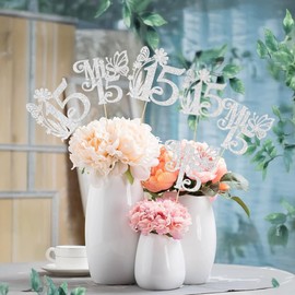 Ephlyn 12Pcs Happy 15th Birthday Centerpiece Sticks Hello 15 Sweet 15 Table Flower Centerpieces Sticks Fifteen Mis 15 Quince Floral Decorations for Cheers to 15 Theme Anniversary Party Supplies Silver