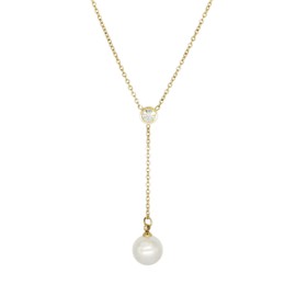 Jean Beau Dangling Single Pearl Pendant Link Chain Necklace Long Drop Gold Dainty Cubic Zirconia Y Necklace Fine Jewelry for Women