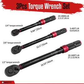 WETT 3Pcs Torque Wrench Set, 1/4'' & 3/8'' & 1/2'' Drive Click Torque Wrench, Dual-Direction Adjustable Reversible 72-Tooth Ratchet Handle, 20-240IN.LB, 5-45FT.LB, 20-160FT.LB