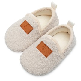Lisdwde Kids Slippers Memory Foam Cozy Slip-On House Slipper Socks Indoor Outdoor Plush Slip On Home Shoes Soft Fuzzy Shoes Non-Slip Rubber Sole Beige 5.5-6 Toddler=EU22-23