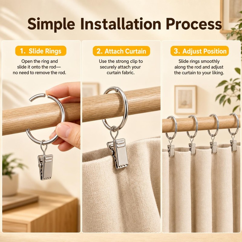 Kaaeiccr 45mm Curtain Rings With Clips, 20 Pack Metal Drapery