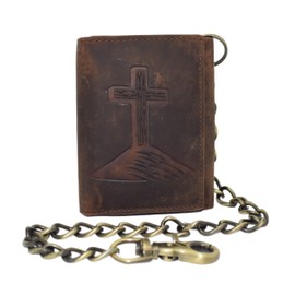 Men's RFID Blocking Trifold Vintage Leather Biker Chain Wallet With Snap Closure (Brown Cross on Hill)