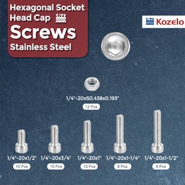 Kozelo 58pcs 1/4"-20 Socket Head Cap Screws Bolts Nuts Assortment Kit - [1/2" to 1-1/2"] 304 Stainless Steel Allen Socket Drive for 3D Printer