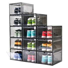 beehomay 12 Pack Large Shoe Boxes Clear Plastic Stackable，Drop Front Shoe Box with Clear Door, Shoe Containers For Sneaker Display,Fit up to US Size12 (black clear, 12 pack)