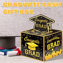 Graduation Money Gift Box Set, Black and Gold Design, Class of 2025 Cash Holder with Grad Decorative Box