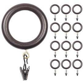 24 Pack of 2.5 Inch Retro Brown Wooden Curtains Rod Rings with Clips and Hooks, for 1-1.5 Inch Rod Pole, 1.75 Inner Dia, Wood Curtain Drapes Clip Ring, Hangers, Shower Curtains, Decor, and Drapery.