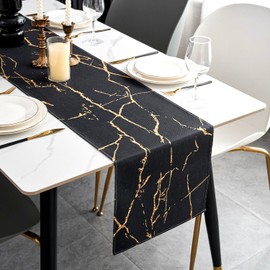 ViaElayu Table Runner Modern Black Gold Marble Texture Abstract Washable Outdoor Spring Country House Style Vintage Farmhouse Rectangular Tablecloth Kitchen Table Runner Party Decoration 40 x 140 cm