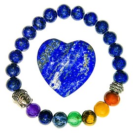 Deep Healing Light 7 Chakras Lapis Lazuli Bracelet and Heart Set for Third Eye Chakra - All Natural Stone Bracelets and Hearts