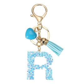 PATIKIL Alphabet Initial Letter Keychain, Resin Cute Keychains with Tassel Heart Letter R Pendant Charm for Women Key Purse Handbag Bag Accessories, Blue