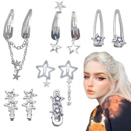10 PCS Y2K Silver Star Hair Clips Metal Pentagram Barrettes & Snap Clips in 8 Unique Shapes Cute Punk 2000s Hair Accessories for Women