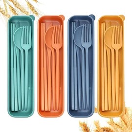 Lumbor37 Juegos de Cubiertos Portátiles Utensilios Reutilizables con Estuche, Cubertería Combinadas PortáTiles Paja de Trigo 4 Set, Los Palillos, Cuch