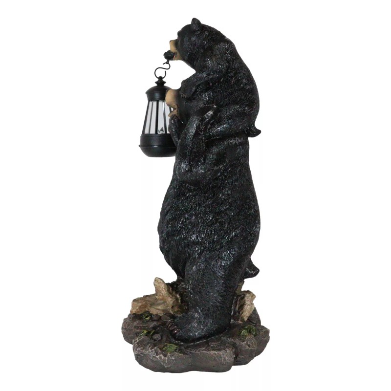 Rustic Black Bear Carrying Cub On Shoulder Statue Solar LED