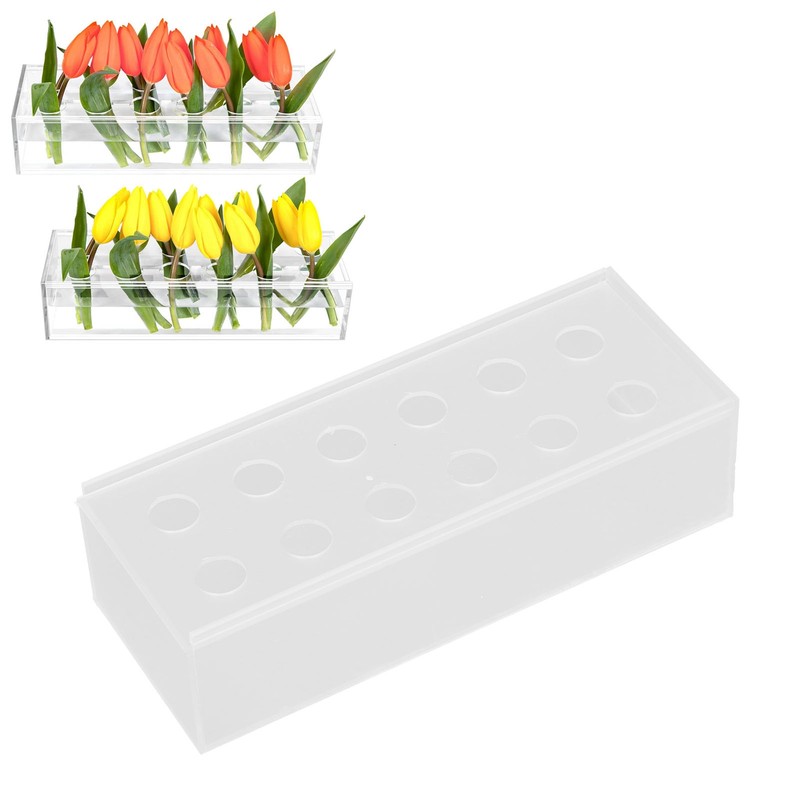 12 Holes Rectangular Flowers Vase With LED Light Clear Acrylic