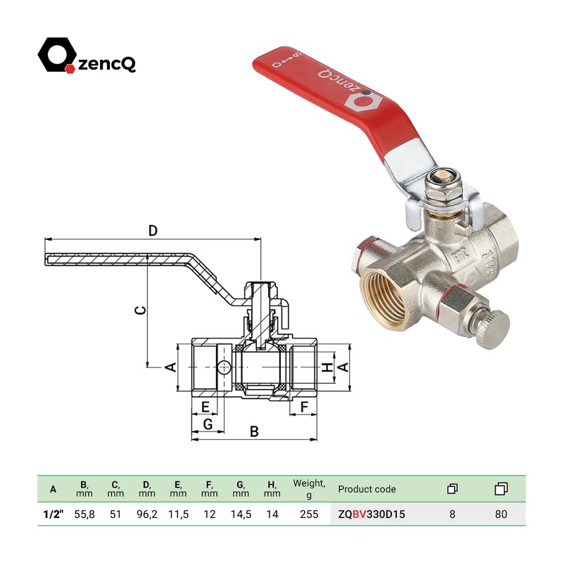 zencQ Ball Valve with Drain 1/2 Inch FF