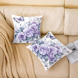 Feelyou Purple Flower Cushion Case Girls Women Purple Butterfly Decorative Pillowcase Flower Floral Throw Pillow Covers 18"x18" Set of 2 Flower Plants Home Decor