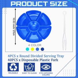 Zhehao 4 Pcs Sectional Round Plastic Serving Tray Party Divided Tray with Disposable Fork, 10.6 Inch 7 Section Snack Food Platter Nut Candy Veggie Fruit Dish Platter(Vivid Color)