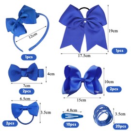 Girls School Hair Accessories Kit, 38PCS Bow Elastic Headband Hair Clips Kit, Royal Blue Ribbon Style Bow Bobbles Hair Clips, Bows Ribbon and Elastics Bands Hair for Girl Birthday Gift(Blue)