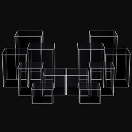 Thyle 12 Pcs Jewelry Acrylic Display Risers Square Cube Display Nesting Acrylic Risers Figure Stand with Hollow Bottoms Display Stand Shelf for Cosmetics Food Collectibles Perfume, 6 Sizes (Clear)