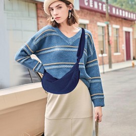 Uwiyo Crescent Bag for Women, Corduroy Dumpling Bag Hobos Crossbody Bag Portable Crescent Bag Small Crescent Cross Body Bag for Women Girls for Daily Use (Navy)