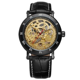 FORSINING Automatic Mechanical Hollow Out Waterproof PU Leather Strap Male Watch (Black)