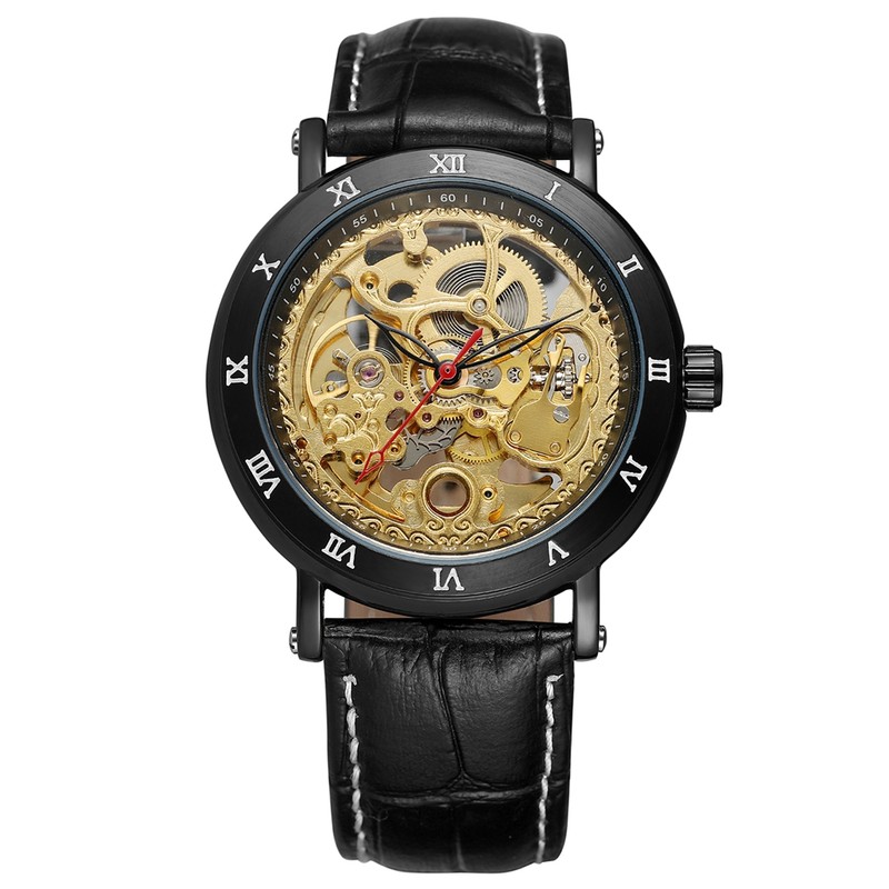 FORSINING Automatic Mechanical Hollow Out Waterproof PU Leather Strap Male