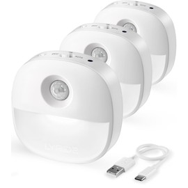 Lyridz Rechargeable Night Light, Motion Sensor Battery Nightlights, Mini Stick-on LED Closet Light, 1-20LM Dimmable Brightness for Bedroom, Kitchen, Washroom, Stairs, Hallway, 3-Pack