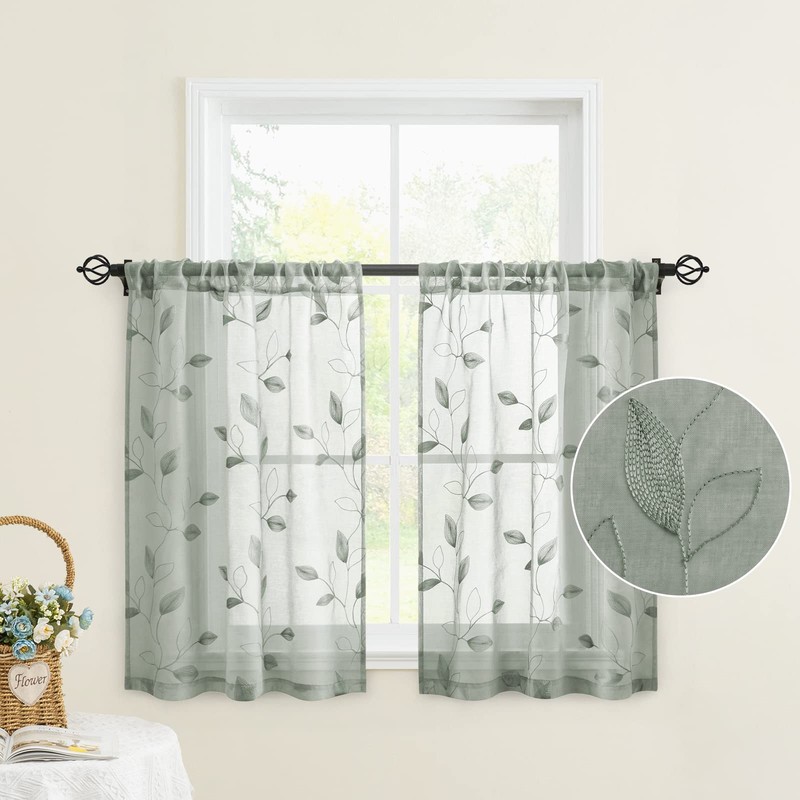 HOMEIDEAS Sage Green Sheer Kitchen Curtains 30 X 24 Inch