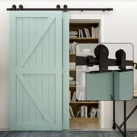 CCJH 4-20FT Bypass Sliding Barn Door Hardware Kit Single Track System Carbon Steel T Roller Hanger Easy to Install Fit Double 39" Wide Doors Panels (7ft Single Track Bypass)