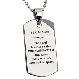 Tioneer Stainless Steel Brokenhearted Psalm 34:18 Dog Tag Pendant Necklace