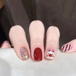 Christmas Day Short Fake Nails,YKNAWOIR Glossy Press On Nails Snowflake and Elk Pattern, Full Cover Acrylic False Nails for Women Girls - Nail Kits with Glue（24PCS）