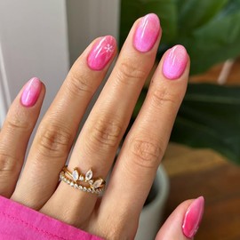 24Pcs Press On Nails Short Almond Fake Nails Rose Pink Nails Press Ons With Flower Designs Artificial Acrylic False Nails Full Cover Glue On Nail Glossy Glitter Stick On Nail For Women