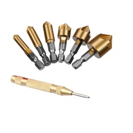 YFFSFDC Countersunk Drill Bit Set of 7, 6/8/9/12/16/19mm + 1 Automatic Center Punch, Countersunk Hole Cone, Counterbore, Chamfering Cutter, Deburring Set, Hexagonal Shaft, 5 Blades, Titanium Coated Drill Bit
